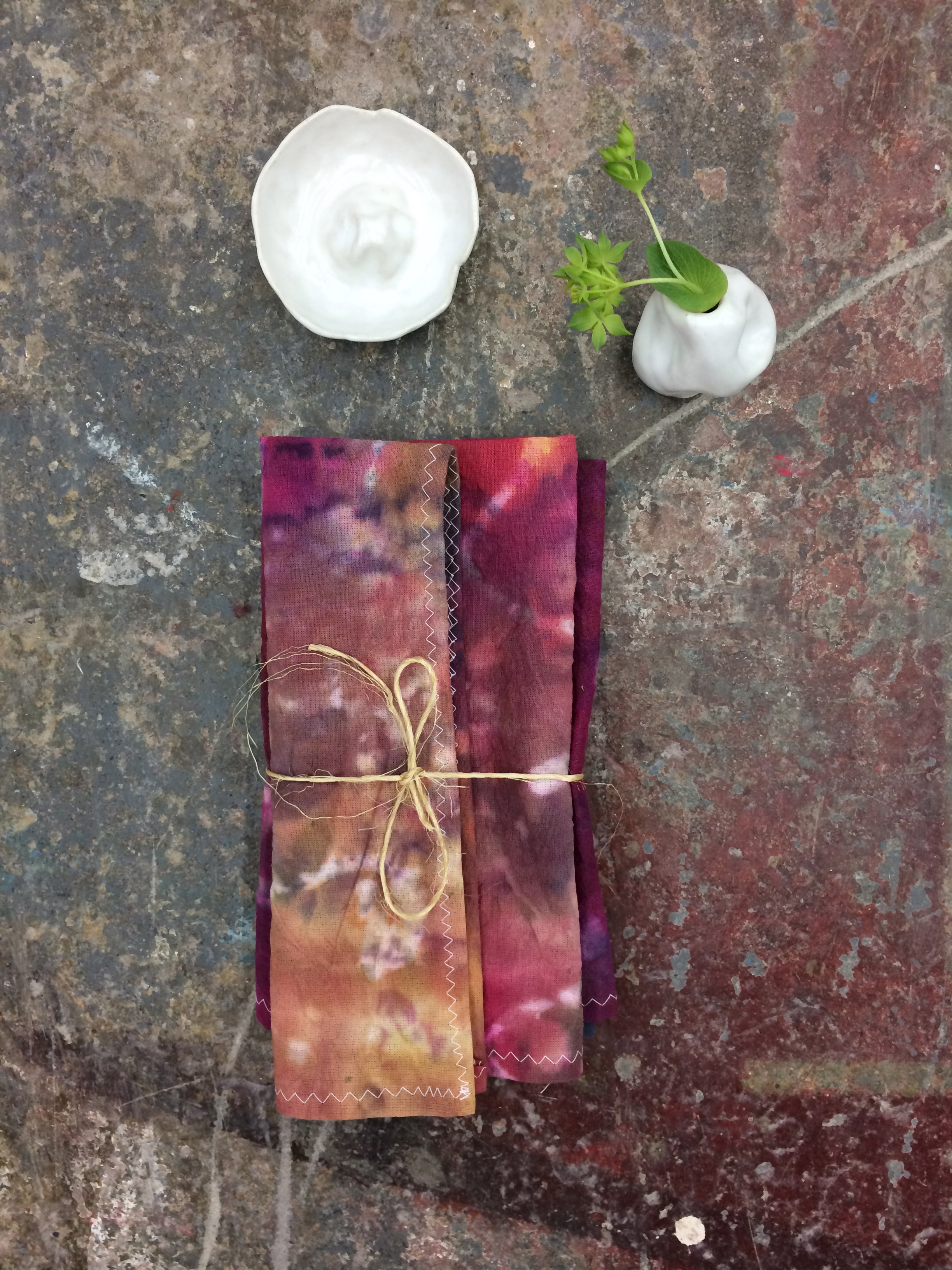 Edition of 16 including 2 ceramics by Sasha Bergstrom-Katz and 2 handmade, hand dyed napkins by Emily Marchand available for purchase in our shop