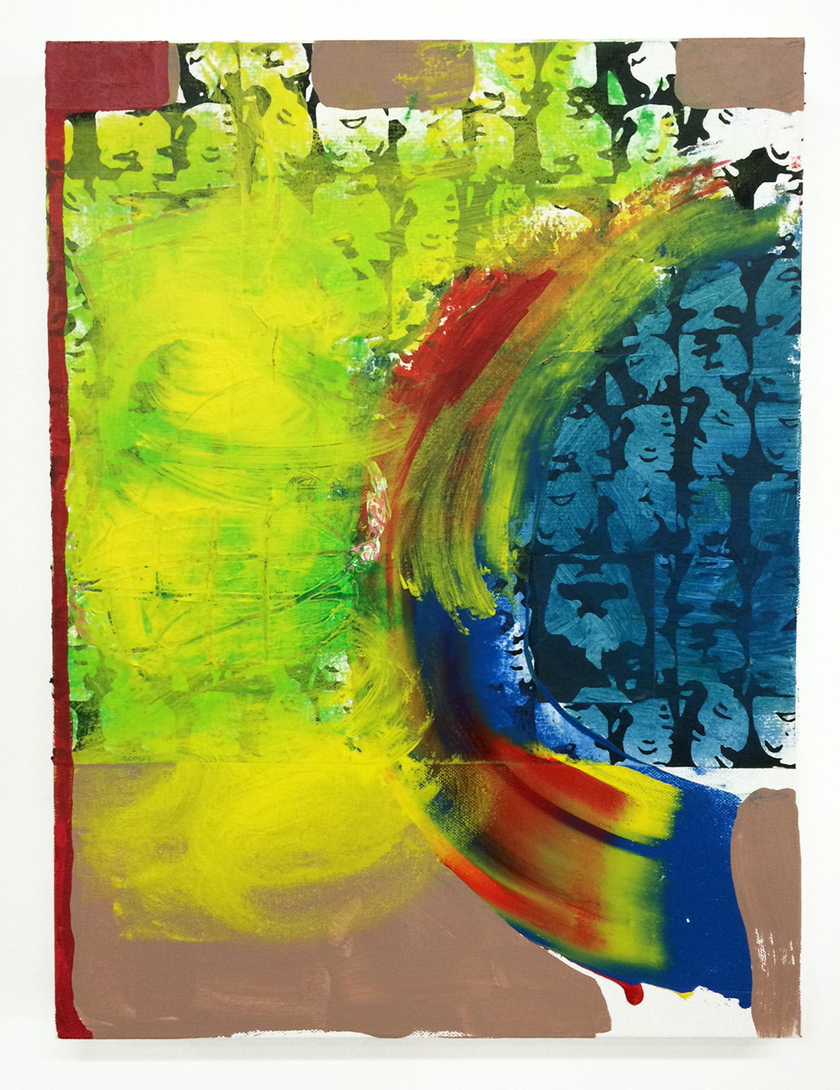 Meg Cranston West of the Rainbow Man, 2014 collage and paint on canvas 18"x14"x2"