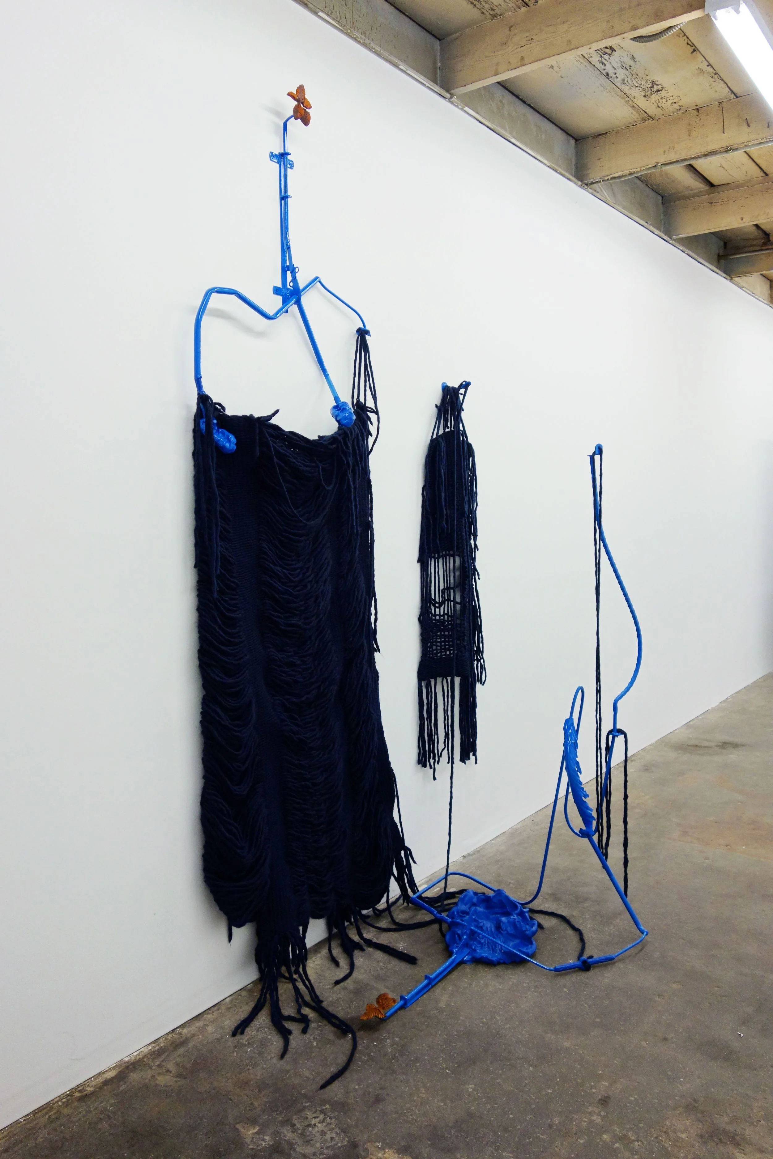 Sonja Gerdes, Pie of Trouble. Let's Hang. Berries and Balls., 2014 Found Steel, lacquer, unfired clay, and woven wool
