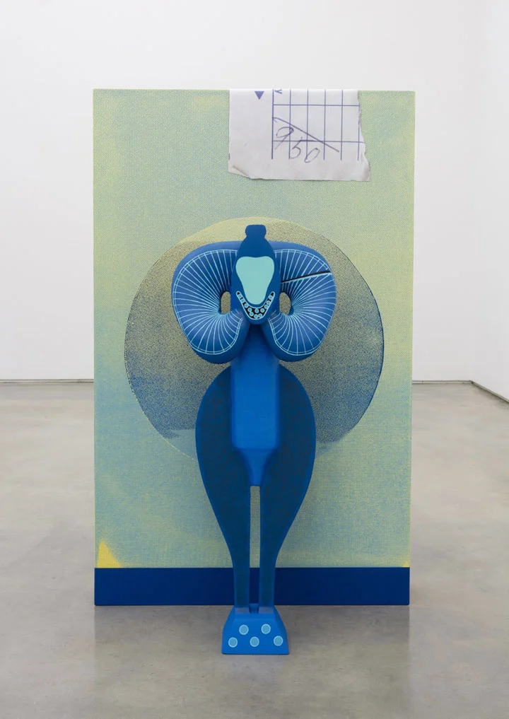 Moons of Hesperia, 2015 Polychromed aluminum, silkscreen on polychromed wood, inket on compression jersey. 57 x 35 x 24 inches