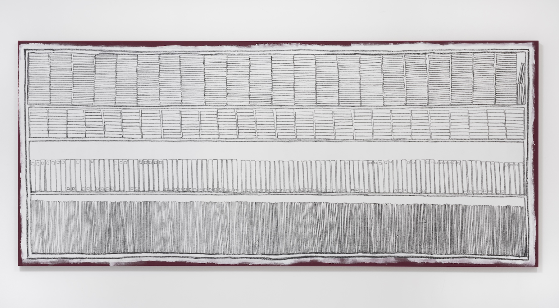 Stanya Kahn, Keep it Together, Gesso and oil pastel on canvas, 53.75 x 123.25"