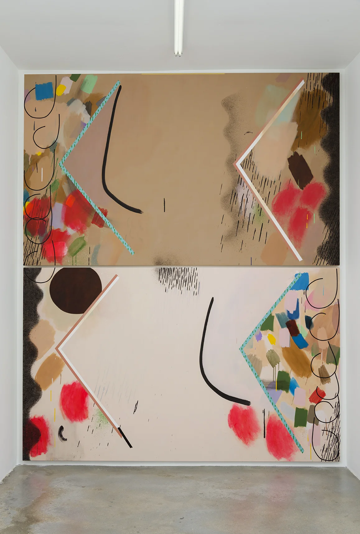 Bed, 2016 Oil, oil stick, acrylic and collage on two canvases 113 x 93 inches overall, 56.5 x 93 inches each 