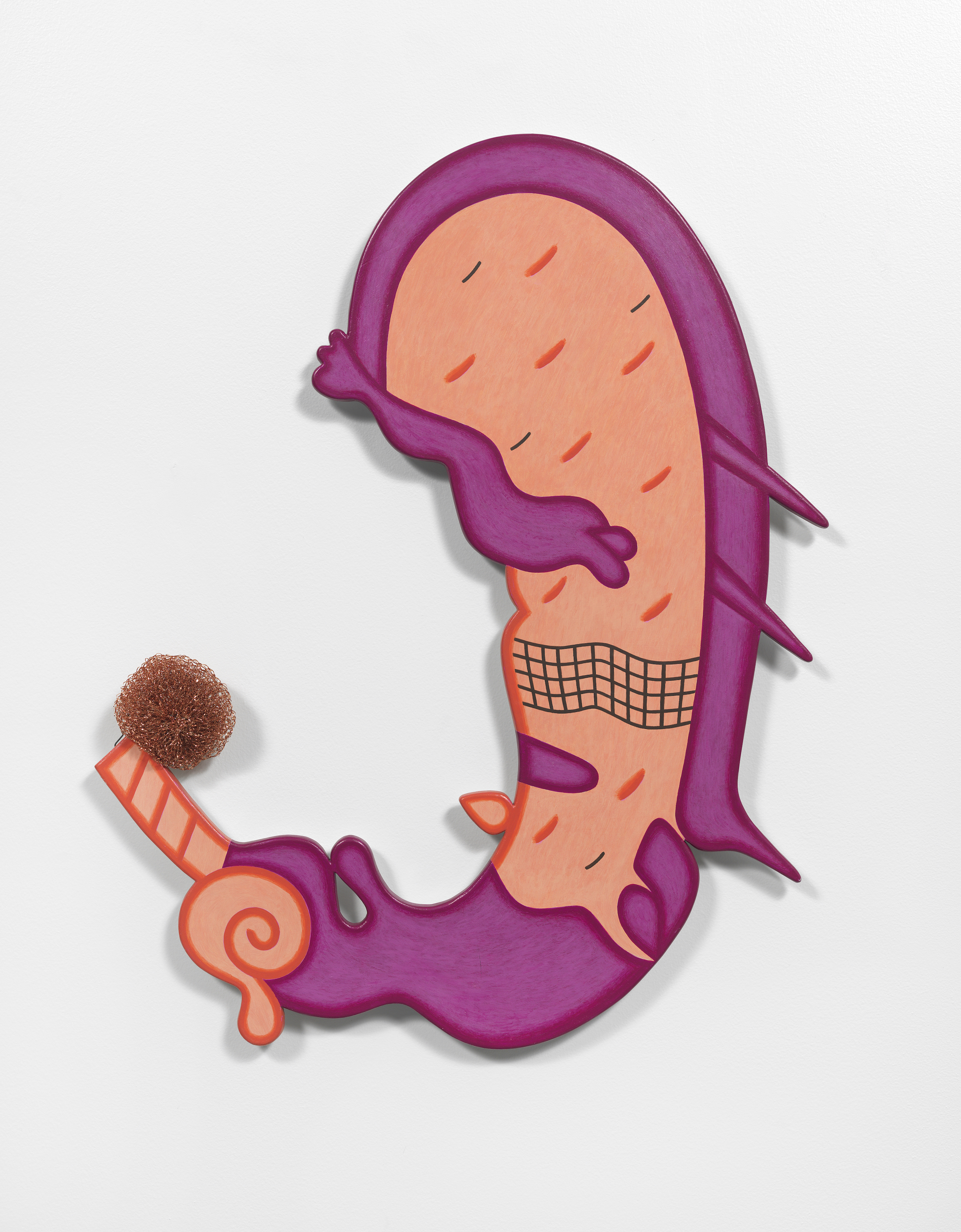 Karl Wirsum, Neon Nose (Case of the Cross Current Crumpet), 1991, acrylic on shaped wood and found objects, 28 x 23.5 x 1 inches