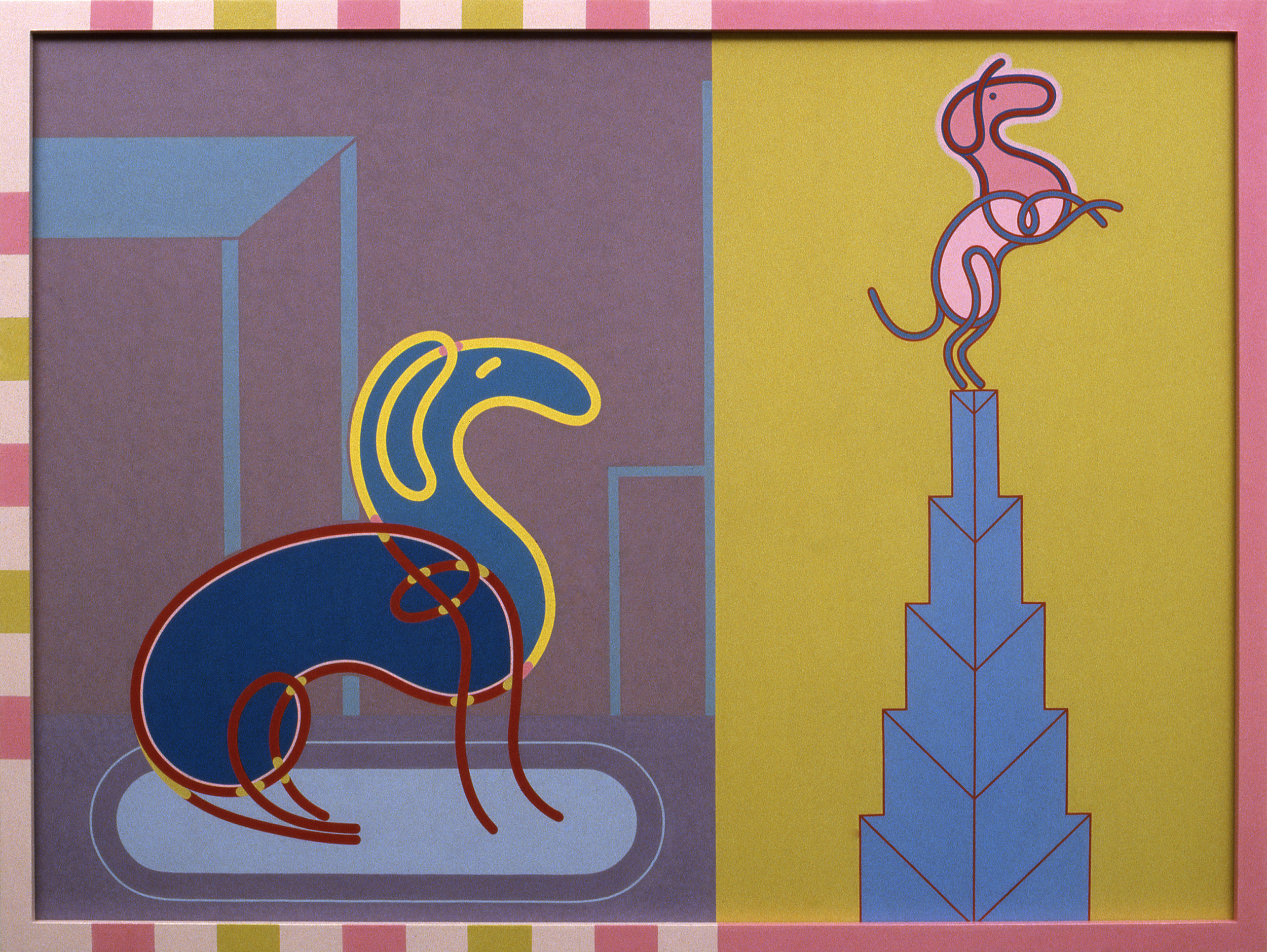 Barbara Rossi, Dog Gone Heads or Tails (Dogs-Matic), 1982 Acrylic on Masonite panel in artist's frame 36 x 48 x 2 inches