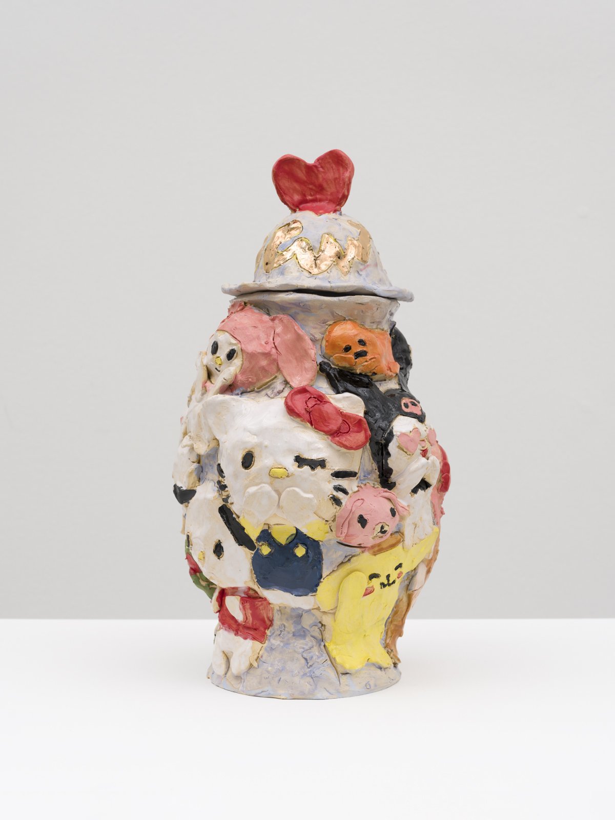  Emily Yong Beck  Sanrio Infested Urn , 2023  Stoneware, majolica, glaze, gold luster  14 x 7½ x 6¾ in. 