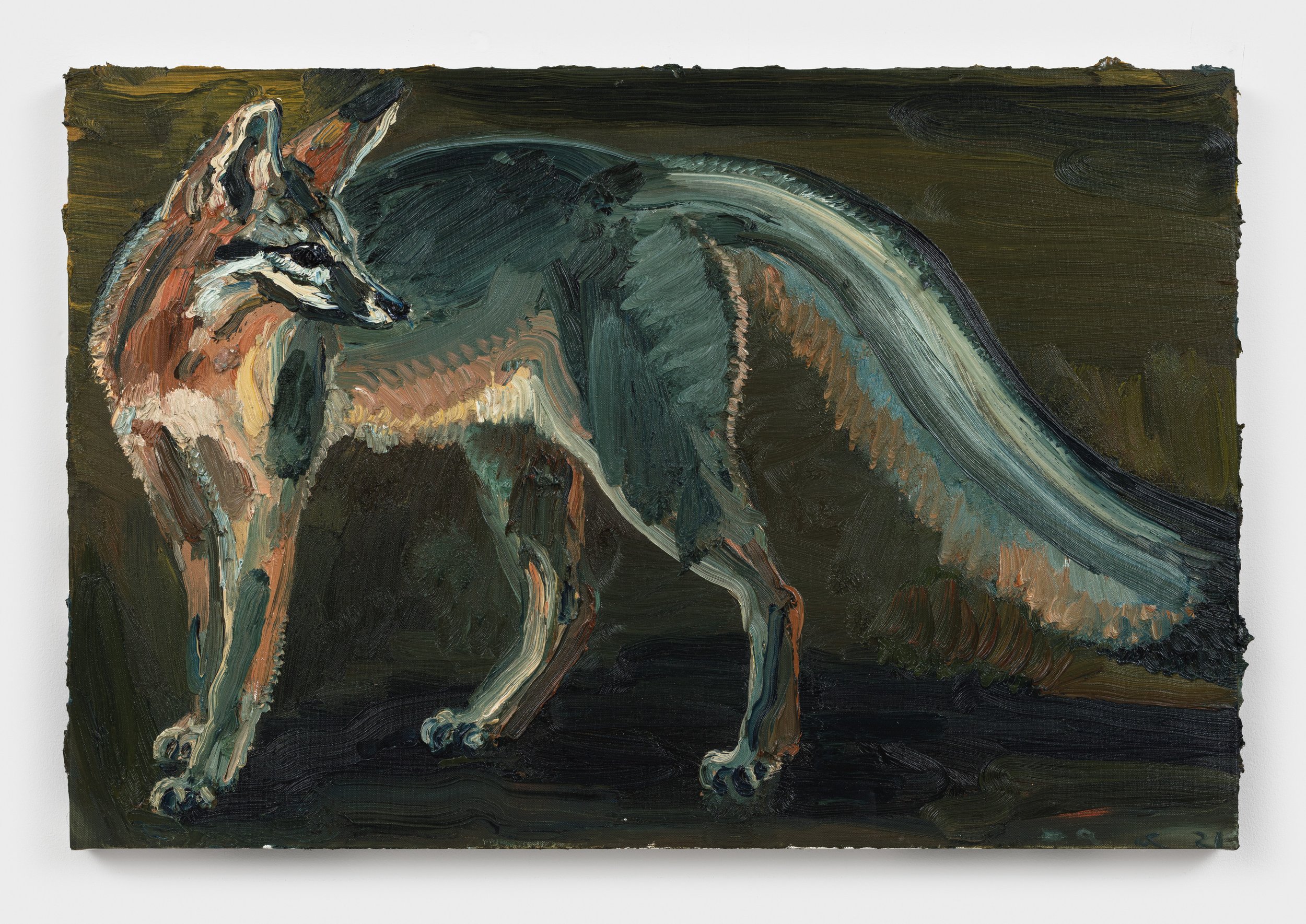  Allison Schulnik  Night Fox #2, 2021  Oil on canvas stretched over board  24 x 36 in. 