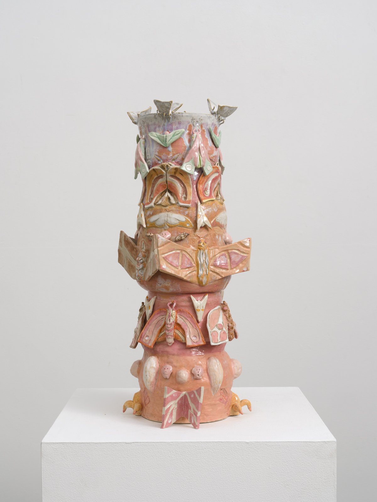  Allison Schulnik  Pink Moth Pot, 2023  Glazed porcelain &amp; stoneware, acrylic enamel &amp; epoxy  24½ x 11 x 12 in.  62.23 x 27.94 x 30.48 cm 