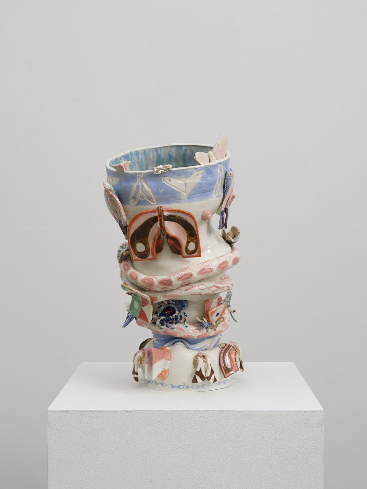  Allison Schulnik  Slumped Moth Pot, 2023  Glazed porcelain &amp; stoneware, acrylic enamel, mod-podge &amp; epoxy  20½ x 16 x 12 in.  52.07 x 40.64 x 30.48 cm 