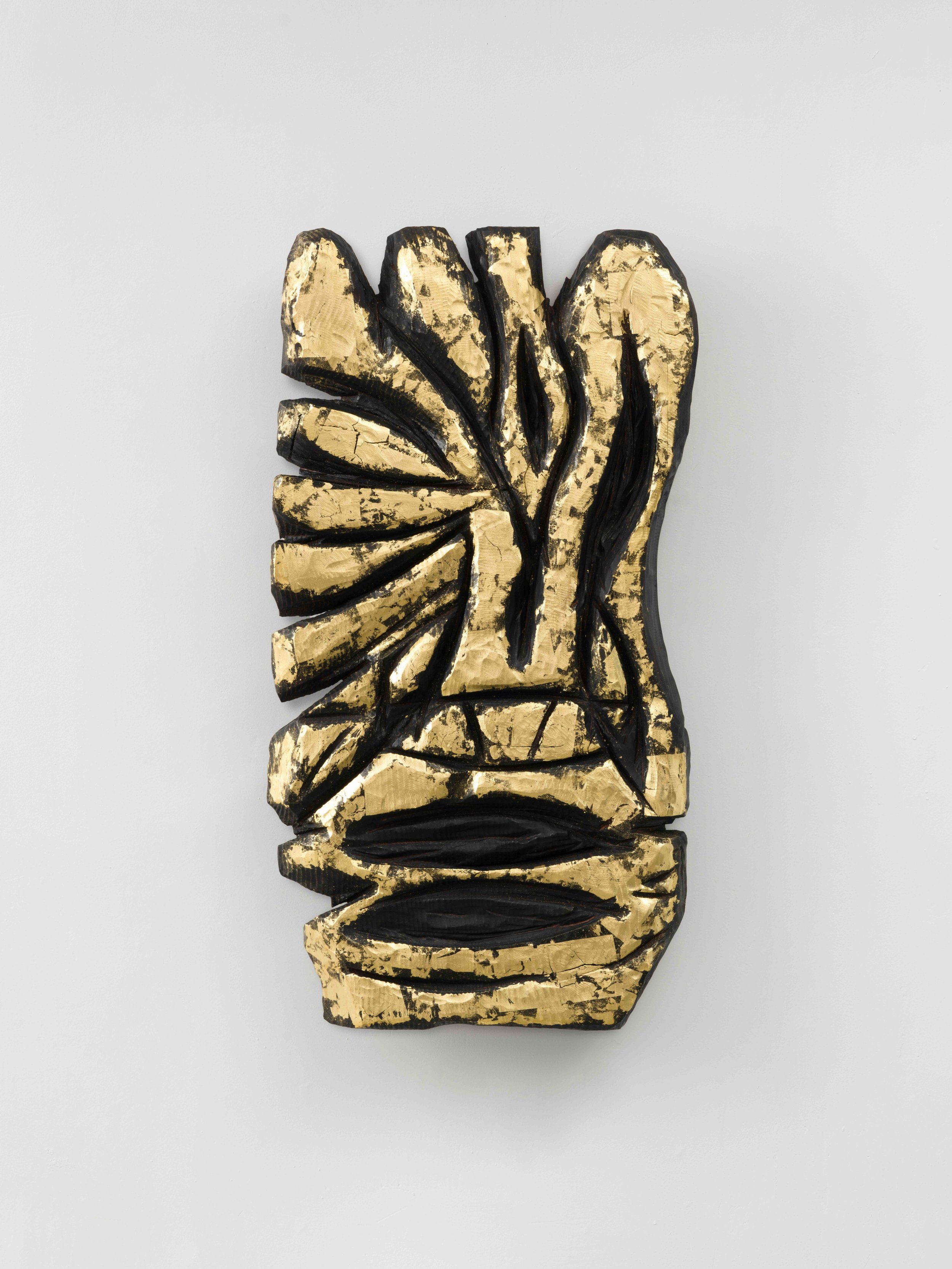   Ryan Schneider   Watch Your Mind  , 2025 Burned California redwood, gold leaf 40 x 21 x 2.5 in 101.60 x 53.34 x 6.35 cm 