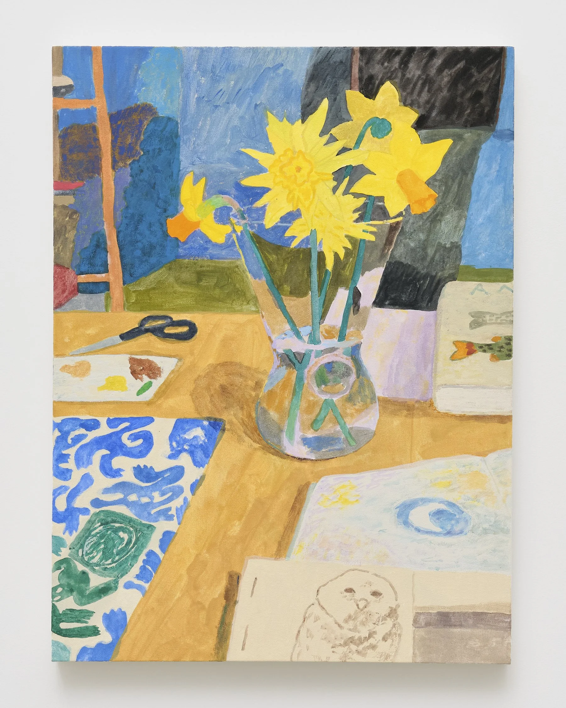   Bella Foster   Daffodils in the studio , 2025 Acrylic on canvas 24 x 18 in. 60.96 x 45.72 cm 