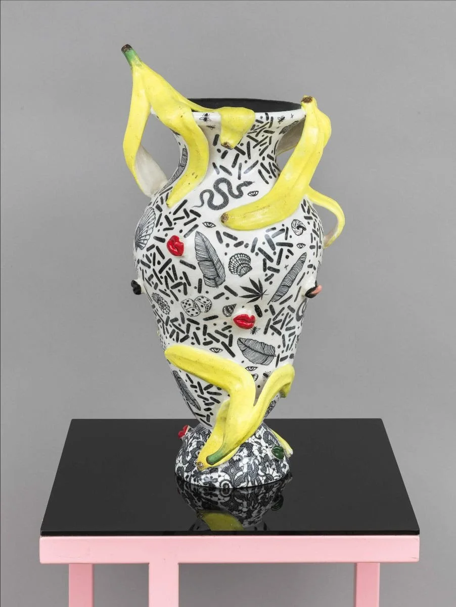   Roxanne Jackson   Banana Peel Vase , 2022 Ceramic, underglaze and glaze 21 x 10.5 x 10.5 in 