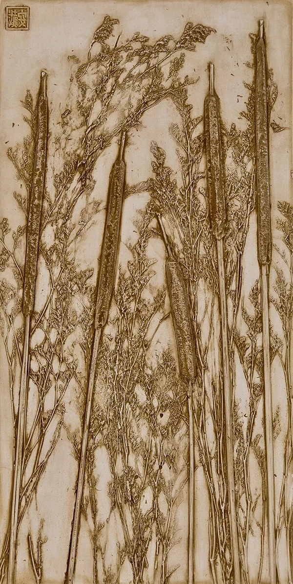 6_©diannecutler_FallingIntoAutumn'sGrace_CattailsandGrasses_PlasterCastingwithNaturalUmberandGoldMicaWash_10x20_385_sm.jpg