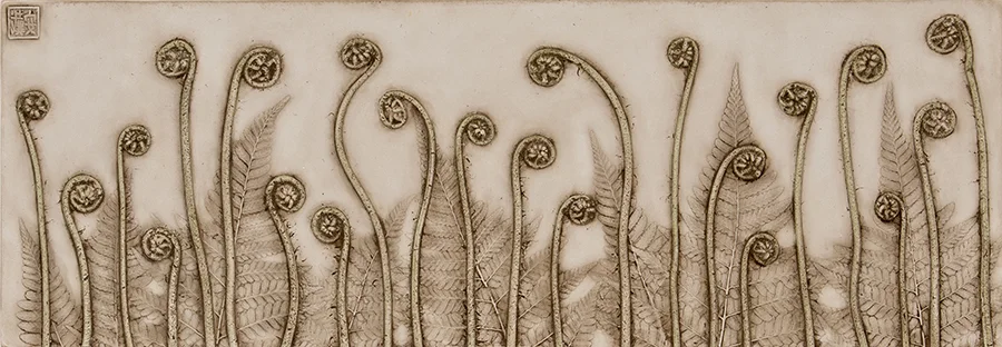 19_©diannecutler_AGatheringofSouls_FiddleheadsandFerns_PlasterCastingwithItalianUmberandGreenPigmentWash_8.5x24_385_sm.jpg