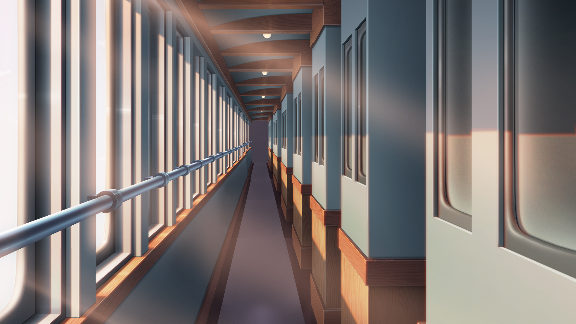 Vue d'un couloir dans un intérieur moderne avec fenêtres du côté gauche laissant entrer la lumière naturelle, et murs avec portes vitrées du côté droit. Le plafond est en bois avec des lampes encastrées.