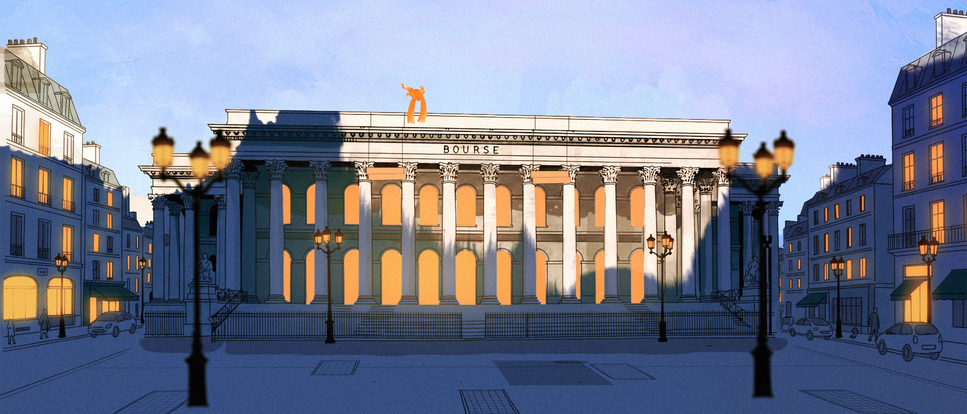 Illustration d'un bâtiment avec colonnes, marqué 'Bourse', entouré d'immeubles résidentiels et de lampadaires, au crépuscule.