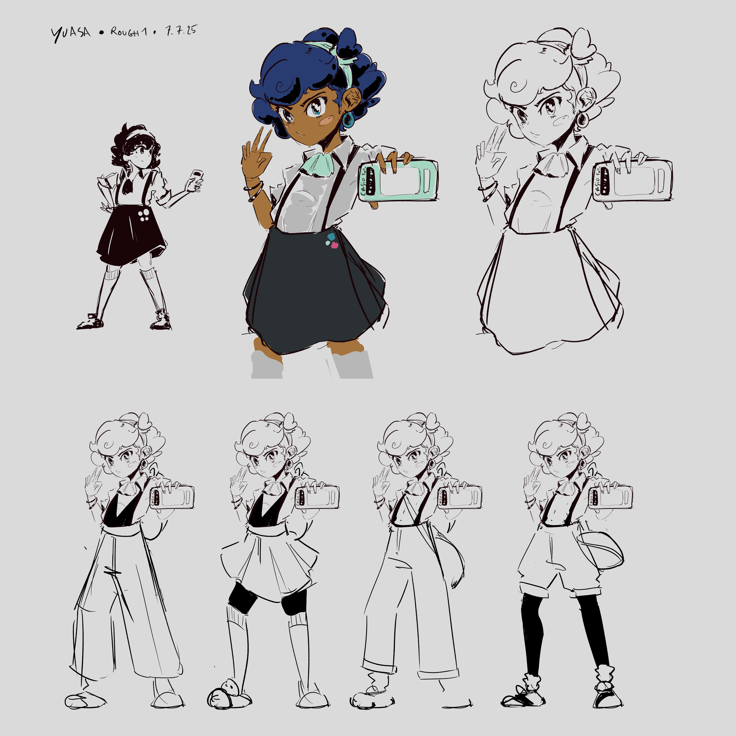 Dessins de plusieurs versions du personnage Yuasa, en couleurs et en croquis, avec des expressions et des poses différentes, tenant un téléphone