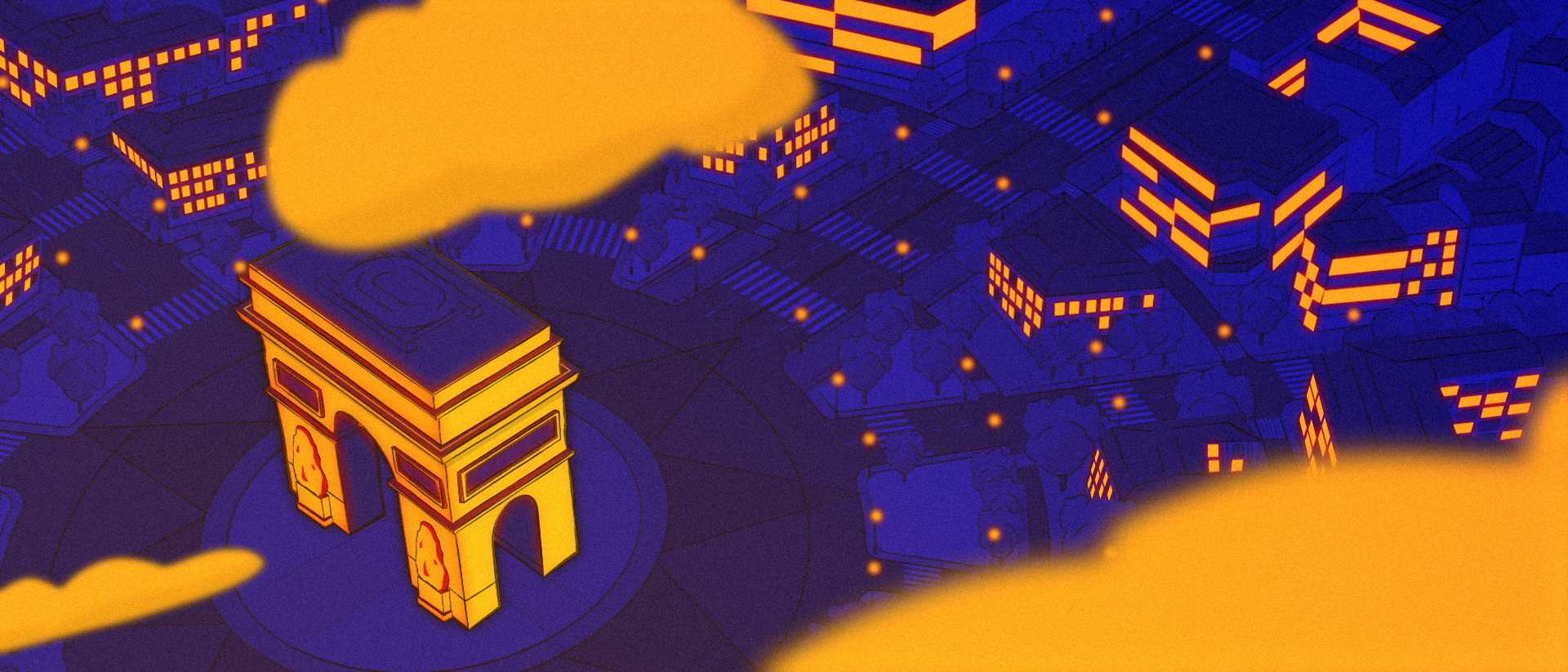 Illustration stylisée de la tour Eiffel en couleur jaune et orange, vue aérienne d'une ville la nuit avec des bâtiments illuminés et quelques nuages jaunes en premier plan.