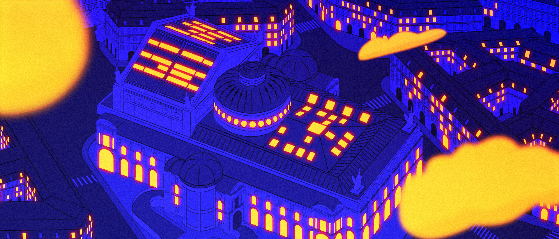 Illustration en couleurs vives d'une vue aérienne d'un bâtiment historique avec un toit éclairé, entouré de gratte-ciel, et un ciel nocturne avec un soleil ou une lune orange et des nuages jaunes.