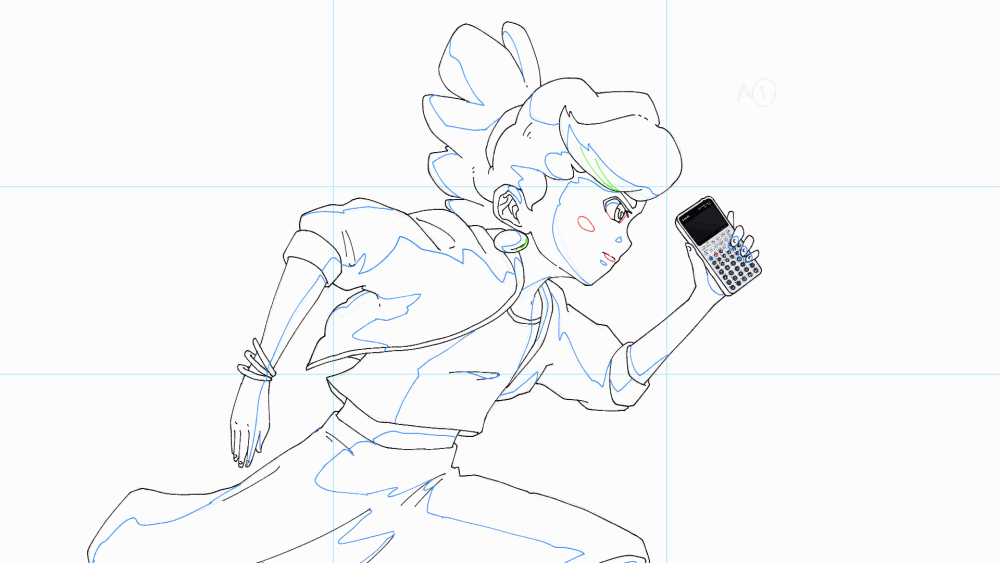 Une illustration de style anime montrant un personnage féminin souriant et concentré, portant des vêtements décontractés, tenant un téléphone portable dans sa main droite.