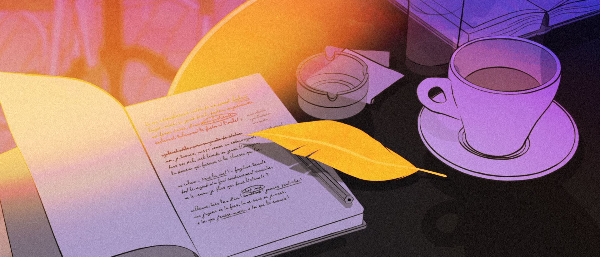 Une table noire avec un livre ouvert, un crayon, une cuillère dans une tasse, et une cigarette dans un cendrier, avec un fond coloré et une lumière chaude