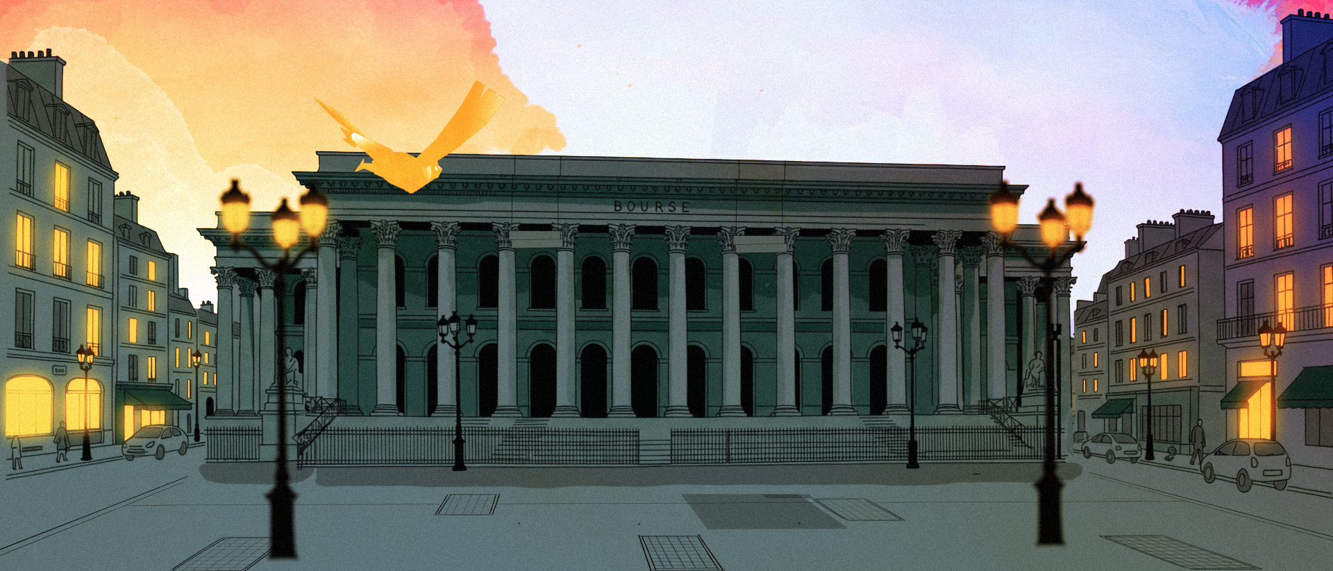 Une illustration d'une place urbaine avec un grand bâtiment avec des colonnes, des lampadaires et des bâtiments environnants. Le ciel est couleur coucher de soleil avec un oiseau en vol.