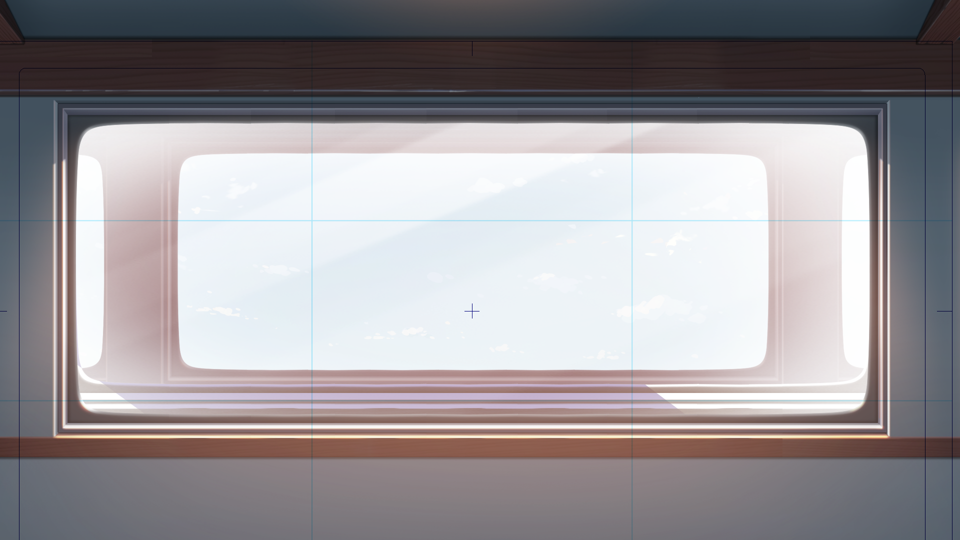 Une fenêtre rectangulaire avec vue sur le ciel ensoleillé et quelques nuages, encadrée par du bois.