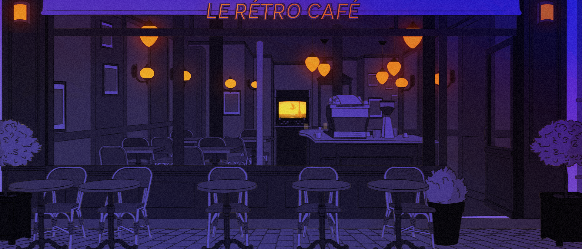 Une image numérique représentant la façade d'un café rétro avec une grande vitre, des tables et chaises à l'extérieur, et un comptoir intérieur visible à travers la vitre, éclairé par des lampes chaudes. Le nom du café est 'LE RÉTRO CAFE' en haut. L'