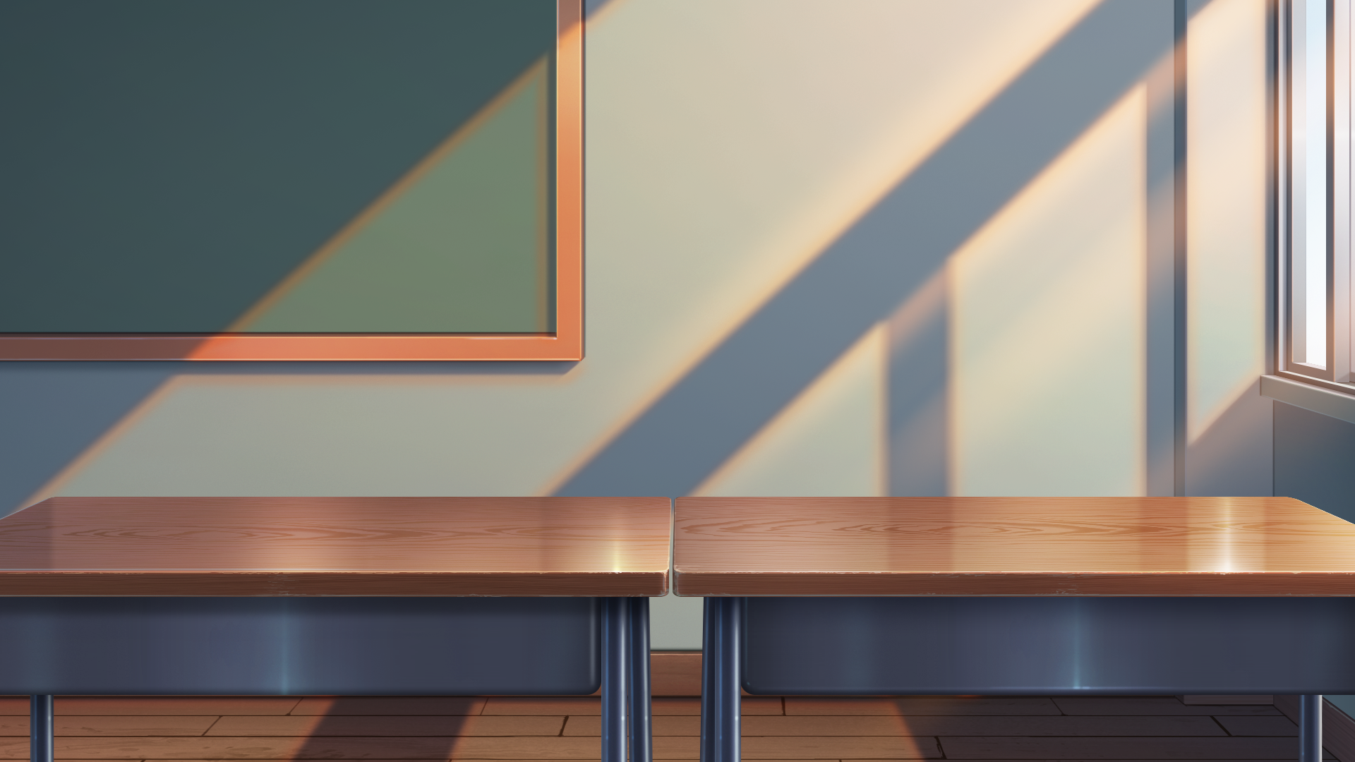 Deux tables en bois dans une pièce avec murs gris et une fenêtre laissant entrer la lumière naturelle, créant des ombres sur le mur.