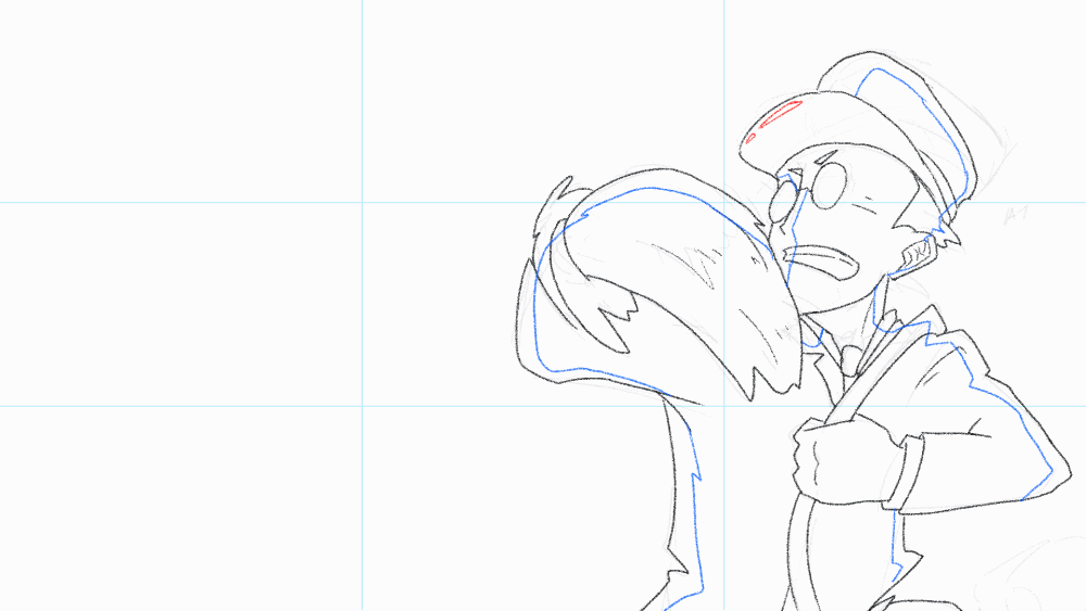 Croquis d'une scène de bande dessinée avec deux personnages, un homme en uniforme de police et une femme, en train de se prendre dans les bras.