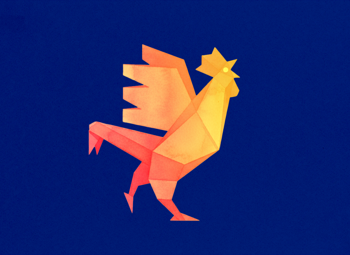 Origami représentant un phoenix avec des ailes oranges, une tête jaune et un fond bleu.