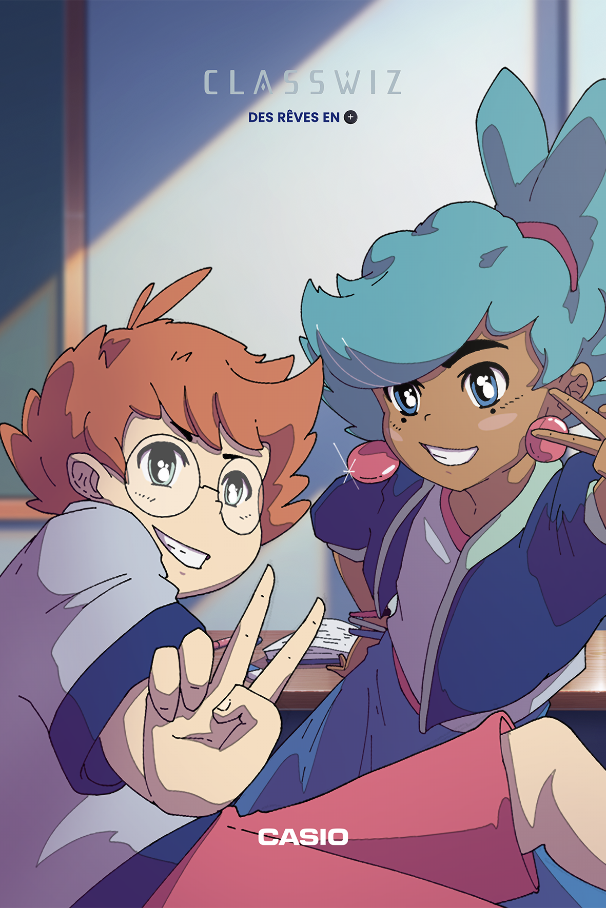 Illustration animée de deux filles joyeuses avec de grands yeux brillants, l'une portant des lunettes et faisant un signe de paix, l'autre tenant un pinceau ou un crayon, avec le mot "CLASSWIZ" en haut et "CASIO" en bas.
