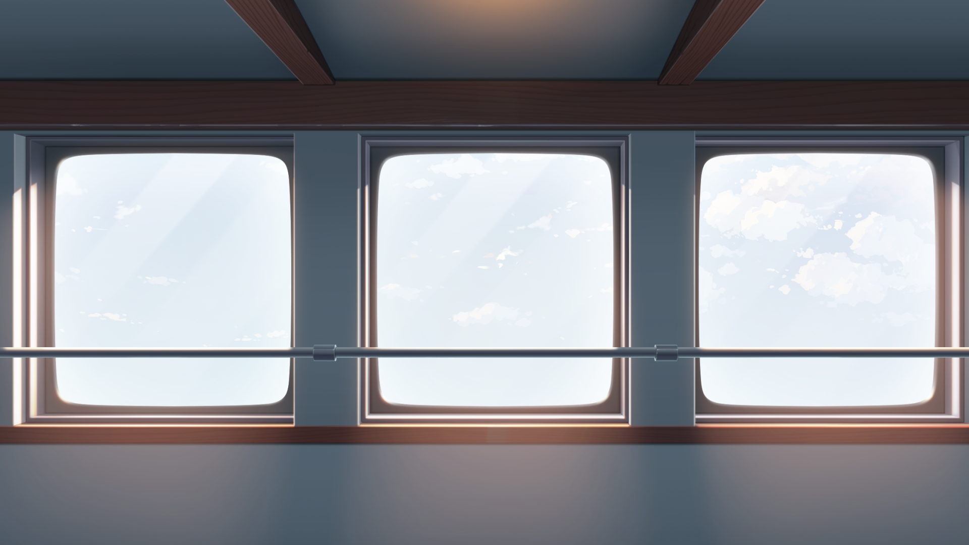 Trois fenêtres donnant sur un ciel bleu avec des nuages, vue de l'intérieur d'une pièce.