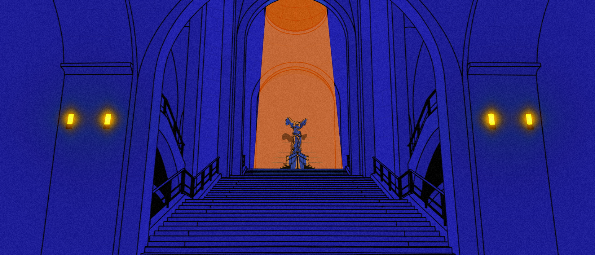 Une illustration d'une entrée majestueuse avec un escalier au centre, des murailles bleues, et une statue dorée sous un faisceau de lumière orange, avec des éclairages jaunes sur les côtés.