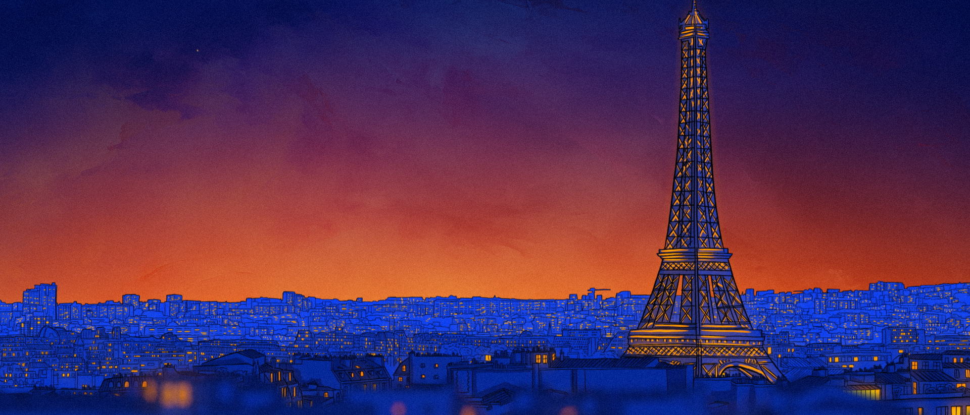 Vue stylisée de la Tour Eiffel au coucher du soleil, illuminée, sur fond de ciel orange et violet, avec un horizon urbain dense.