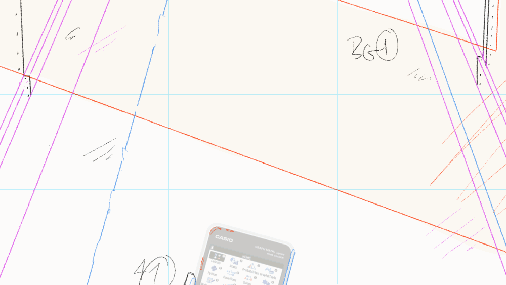 Capture d'écran d'un logiciel de conception graphique avec des lignes en différentes couleurs et un téléphone Casio affichant une application de mathématiques.