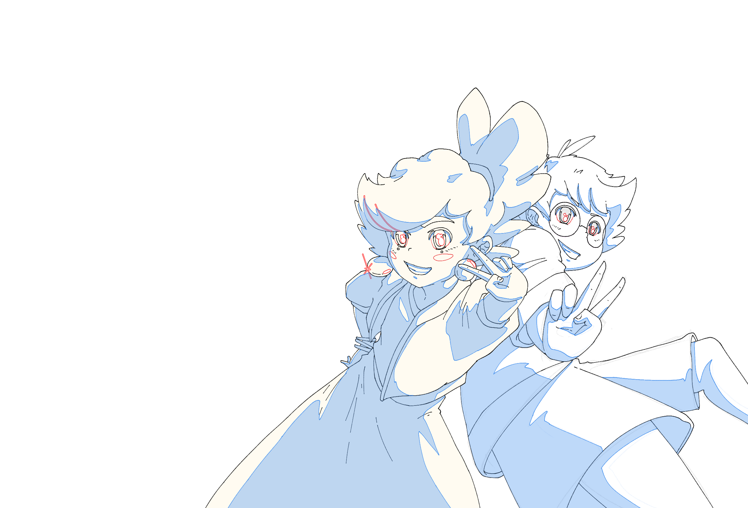 Deux personnages d'anime ou de manga posant joyeusement, formant un V avec leurs doigts. L'un a de grands cheveux bouclés avec un gros nœud, et l'autre porte des lunettes, tous deux souriants et faisant des signes de paix.