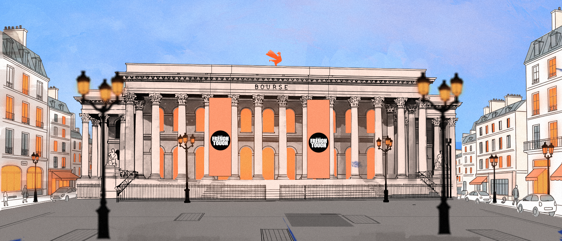 Une illustration d'un bâtiment de la Bourse à Paris avec des colonnes, entouré de bâtiments résidentiels, des lampadaires, et un ciel bleu clair.