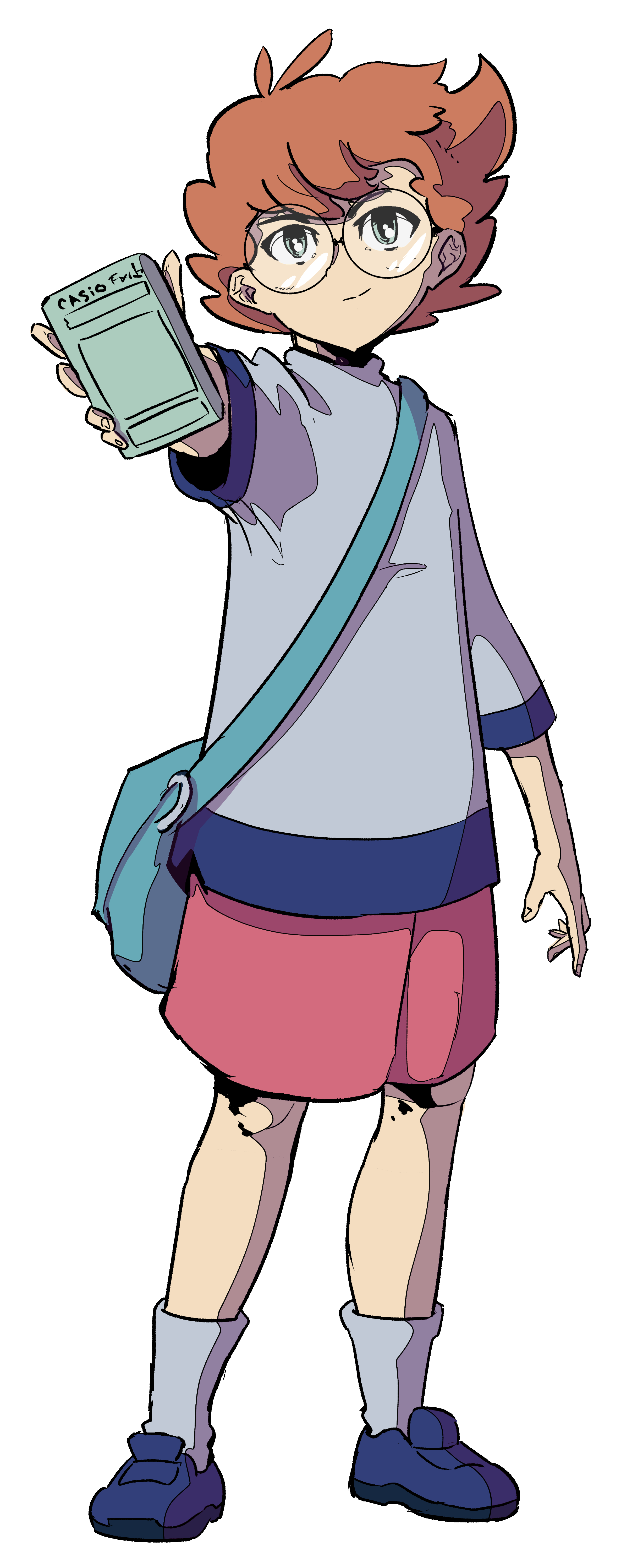 Personnage de dessin animé avec des lunettes, portant un sac à bandoulière bleu, tenant une calculatrice verte, habillée en vêtements décontractés violet, beige, rose, et bleu, avec des chaussures bleu et des chaussettes blanches.