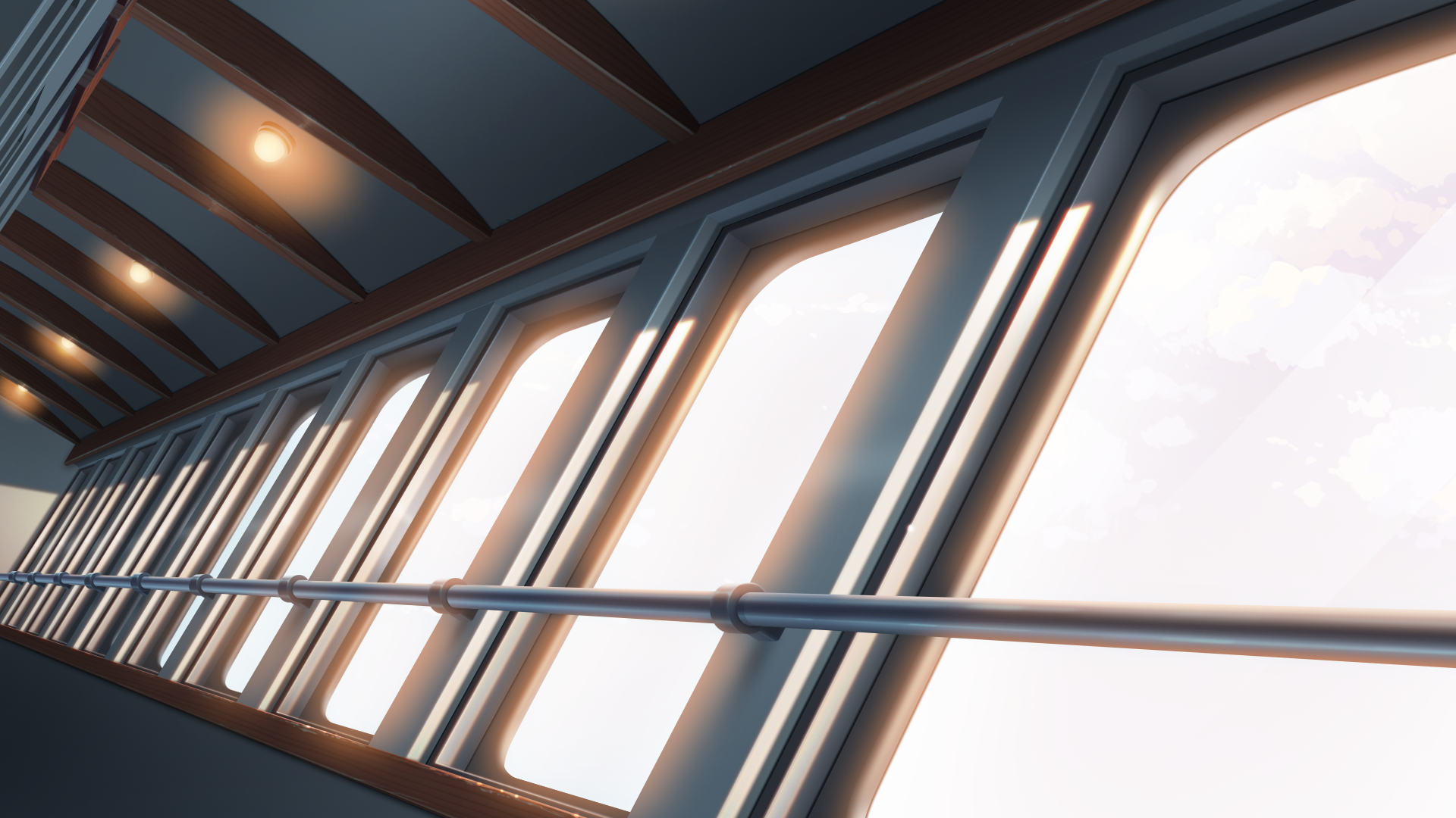 Une vue intérieure d'une zone d'observation ou de promenade avec de grandes fenêtres en angle, permettant une vue panoramique, avec un plafond en bois et un éclairage intégré.