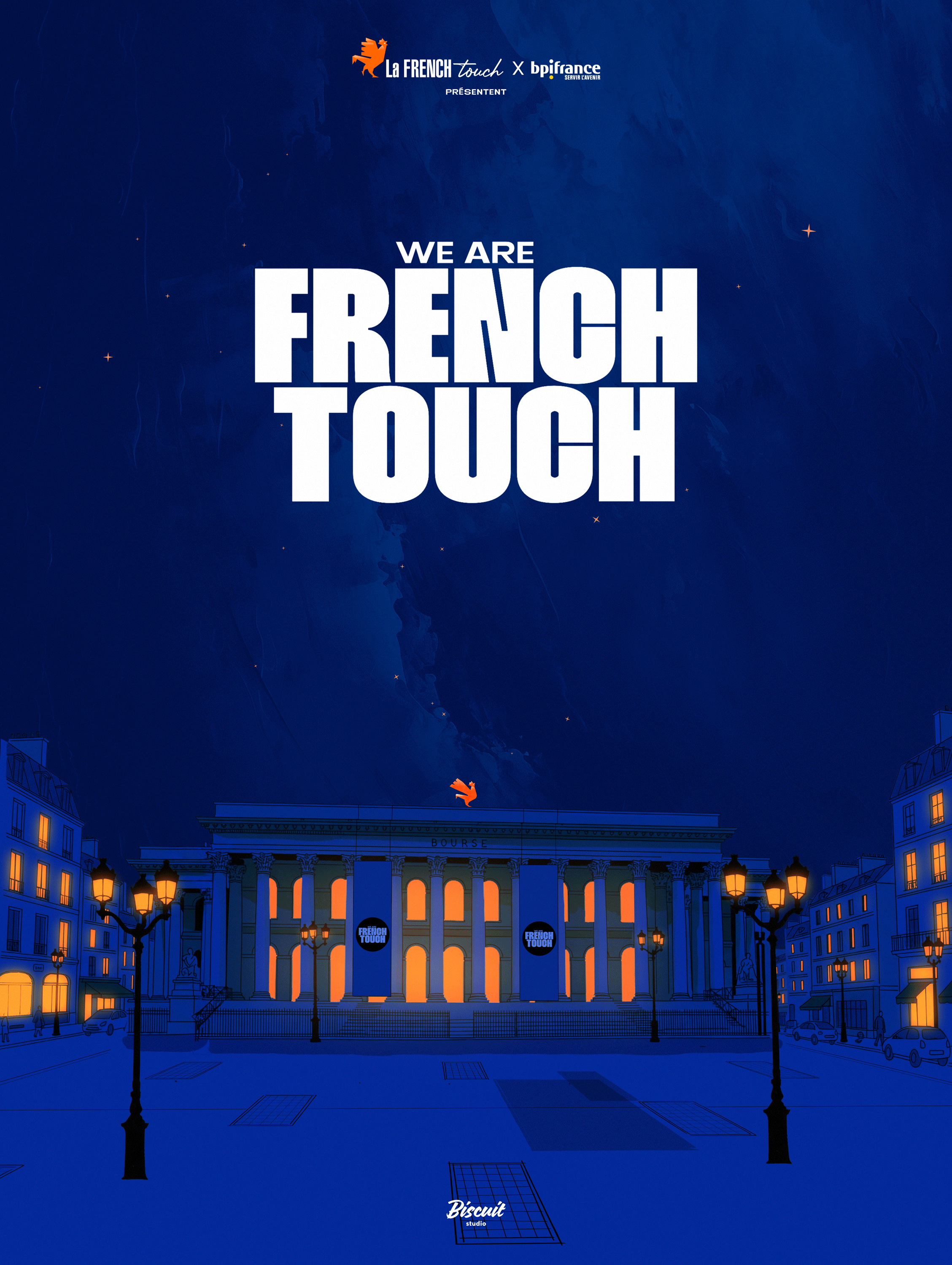 Une illustration nocturne d'une place parisienne avec une grande façade de bâtiment éclairée. Le ciel est sombre avec des étoiles, et il y a des lampadaires allumés sur la place. En haut de l'image, le logo de La French Touch et BPCE, avec le texte p