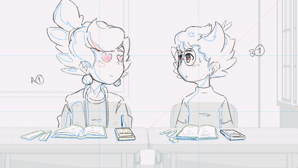 Deux personnages dessinés en style anime assis à une table, ayant des livres et téléphones portables devant eux, en train de discuter dans une salle d'études ou une bibliothèque.