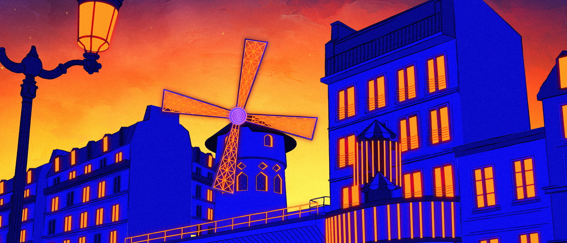 Illustration de bâtiments urbains avec une éolienne et un lampadaire dans un ciel coloré en dégradé orange et violet.