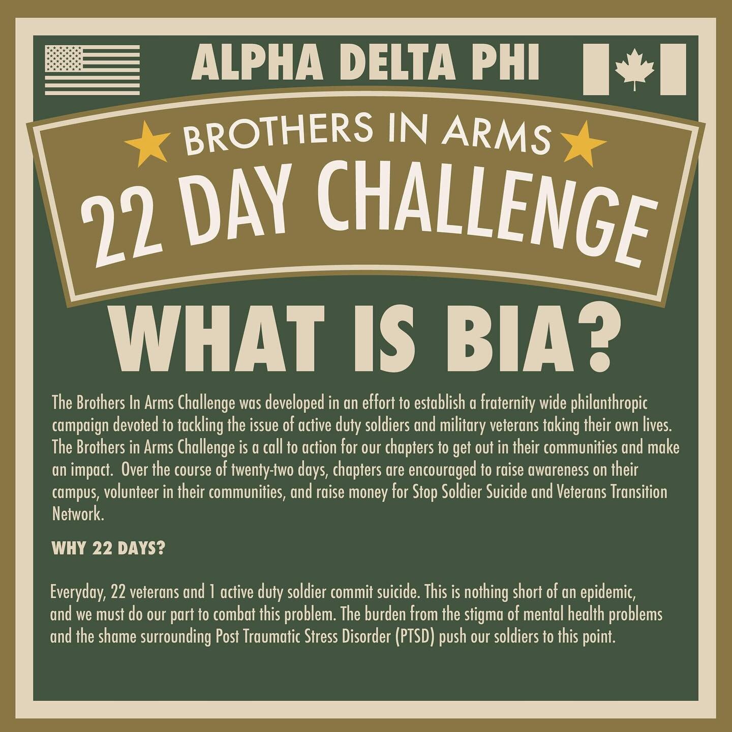 BIA is back!

The goal of our Brothers In Arms event is to raise awareness and money for the Veteran&rsquo;s Transition Network. 

Join the BC Chapter by doing 22 push-ups a day and donating through the link in our bio!

#GoAlpha