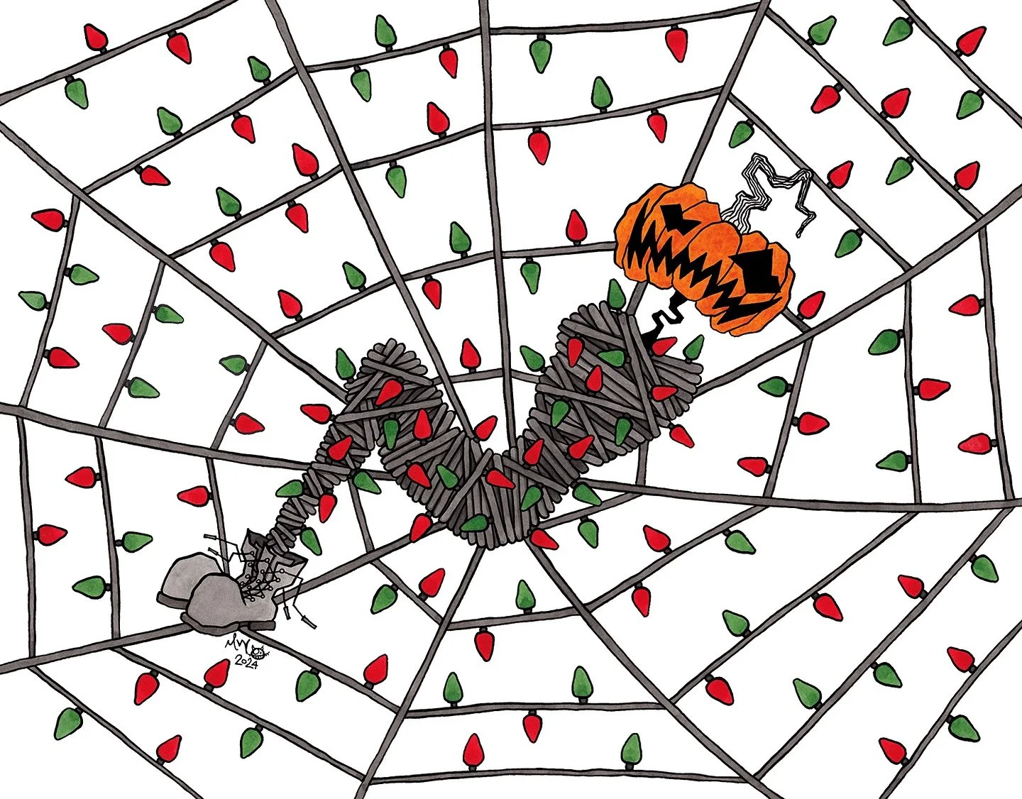 Pumpkinhead&rsquo;s December schedule has got him pretty tied up!

Only 324 days until Halloween!

#tangledchristmaslights #christmaslights #treelights #holidayschedule #holidayparties #christmasspider #tangledweb #pumpkinhead #hallowwoods