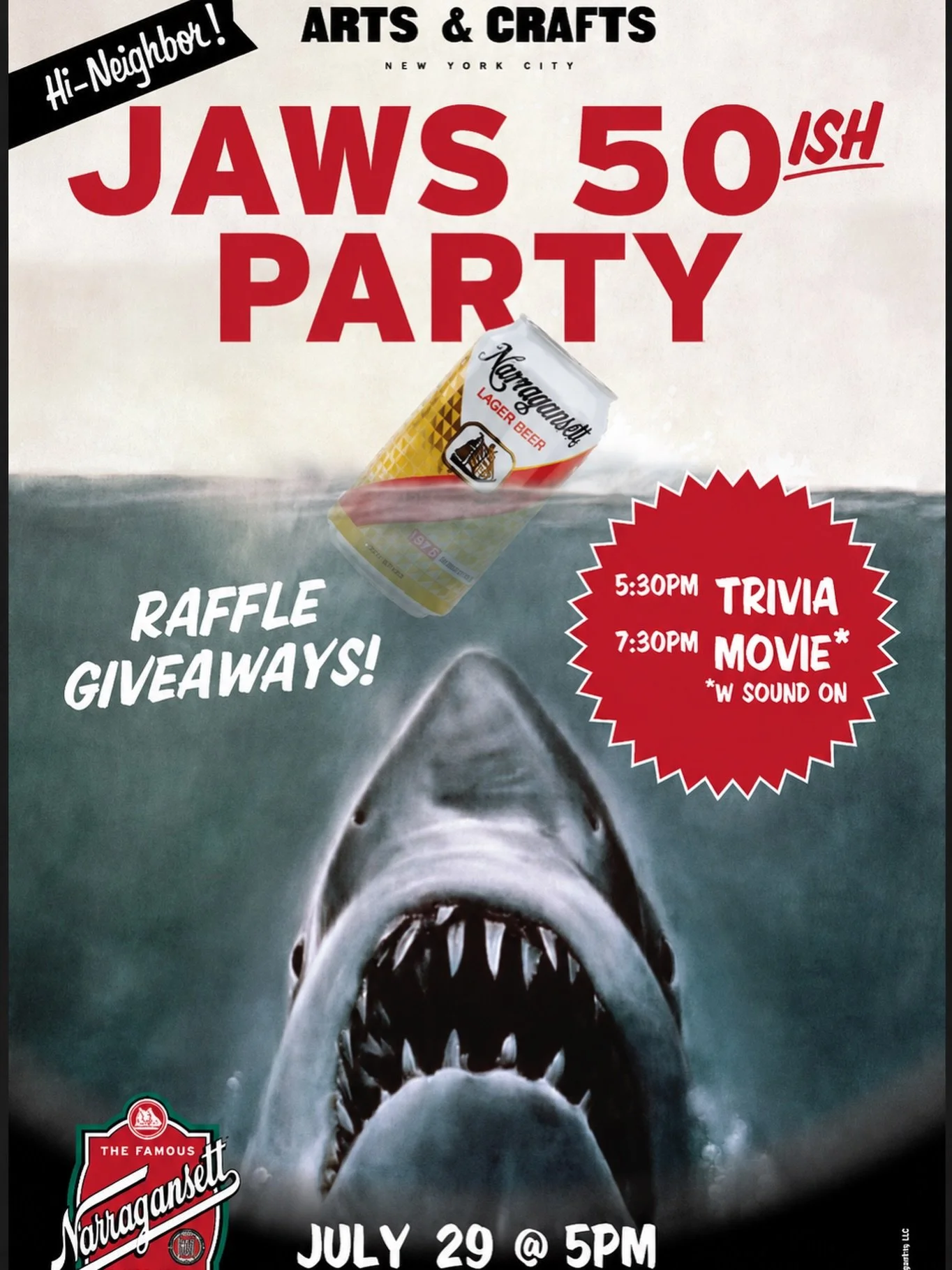 JAWS Fest! Tonight come celebrate the 50(ish) Anniversary of your favorite fish! 

🩸Trivia by @hallowwoods 5:30pm
🦈Watch Party with @gansettbeernyc 7:30
🍺Located at @artsandcrafts.newyork 

Games, raffle, prizes, specials, drinks, food&hellip; SHA
