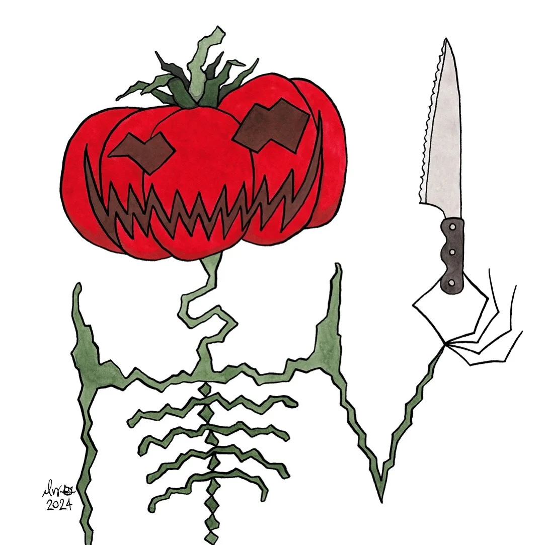 Why did the tomato turn red?
They saw the salad dressing! 🥗

Tomatohead is here to remind you that this is the best time of year for fresh tomatoes! 🍅 Raid your local farmer&rsquo;s market! 

Only 73 days until Halloween!

#gardengoth #tomatoseason