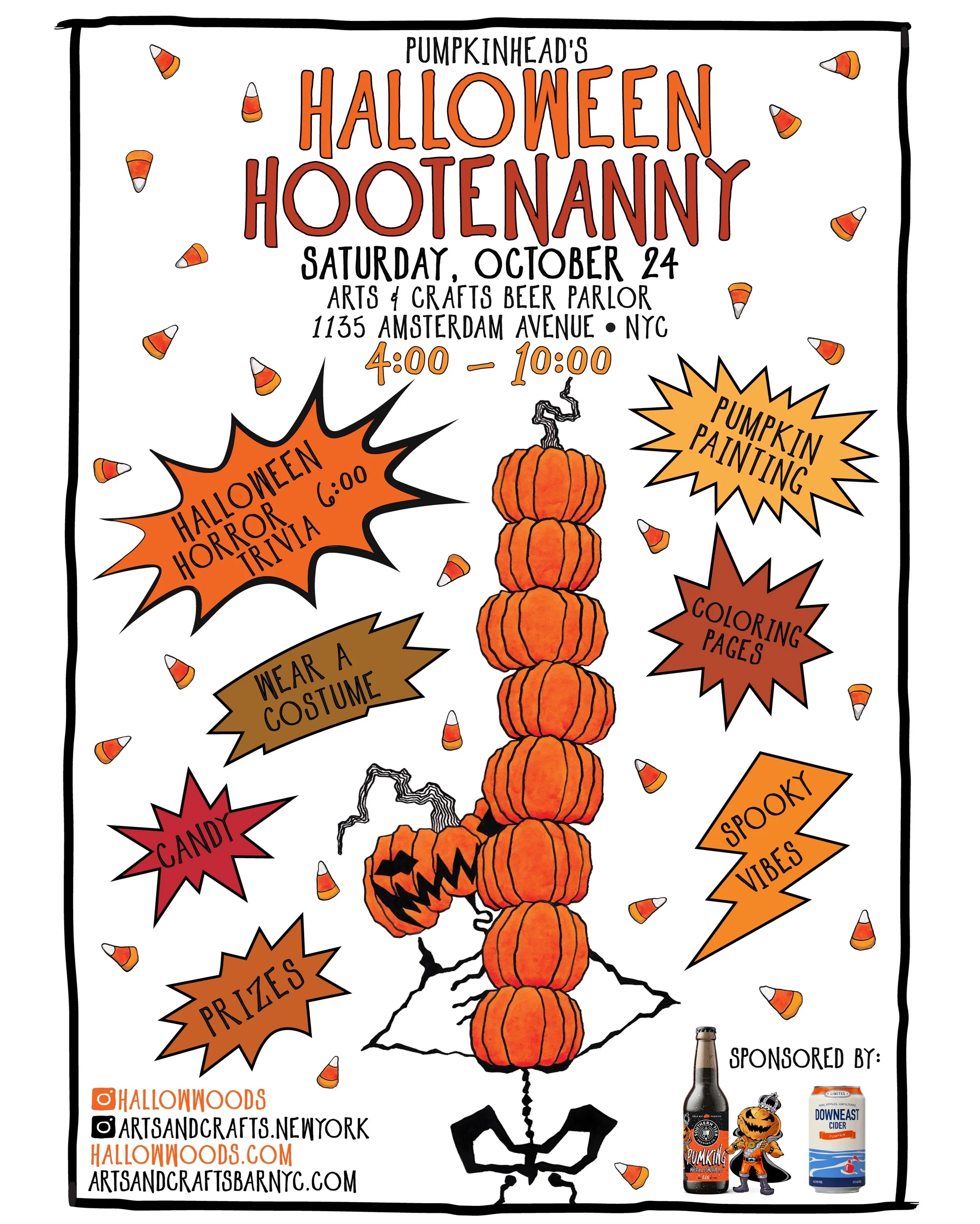 Join @hallowwoods at @artsandcrafts.newyork for an evening of Halloween revelry! 💀

🎨 Original Artwork by @hallowwoods 
🎬 Halloween &amp; Horror Trivia 6:00pm
🎃 Pumpkin Painting
🖍️ Coloring Pages
🍭 Candy
🎁 Prizes
👺 Wear a Costume

Saturday, O