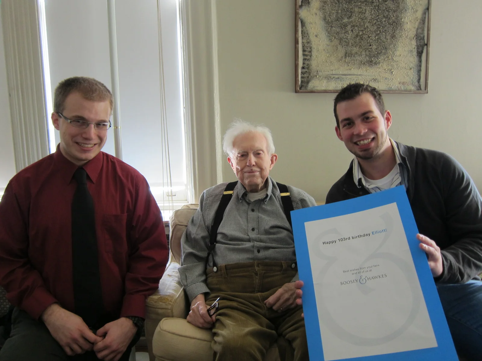  At Elliott Carter's house with Erik Jonsson, presenting Mr. Carter with 103rd birthday card.&nbsp; 