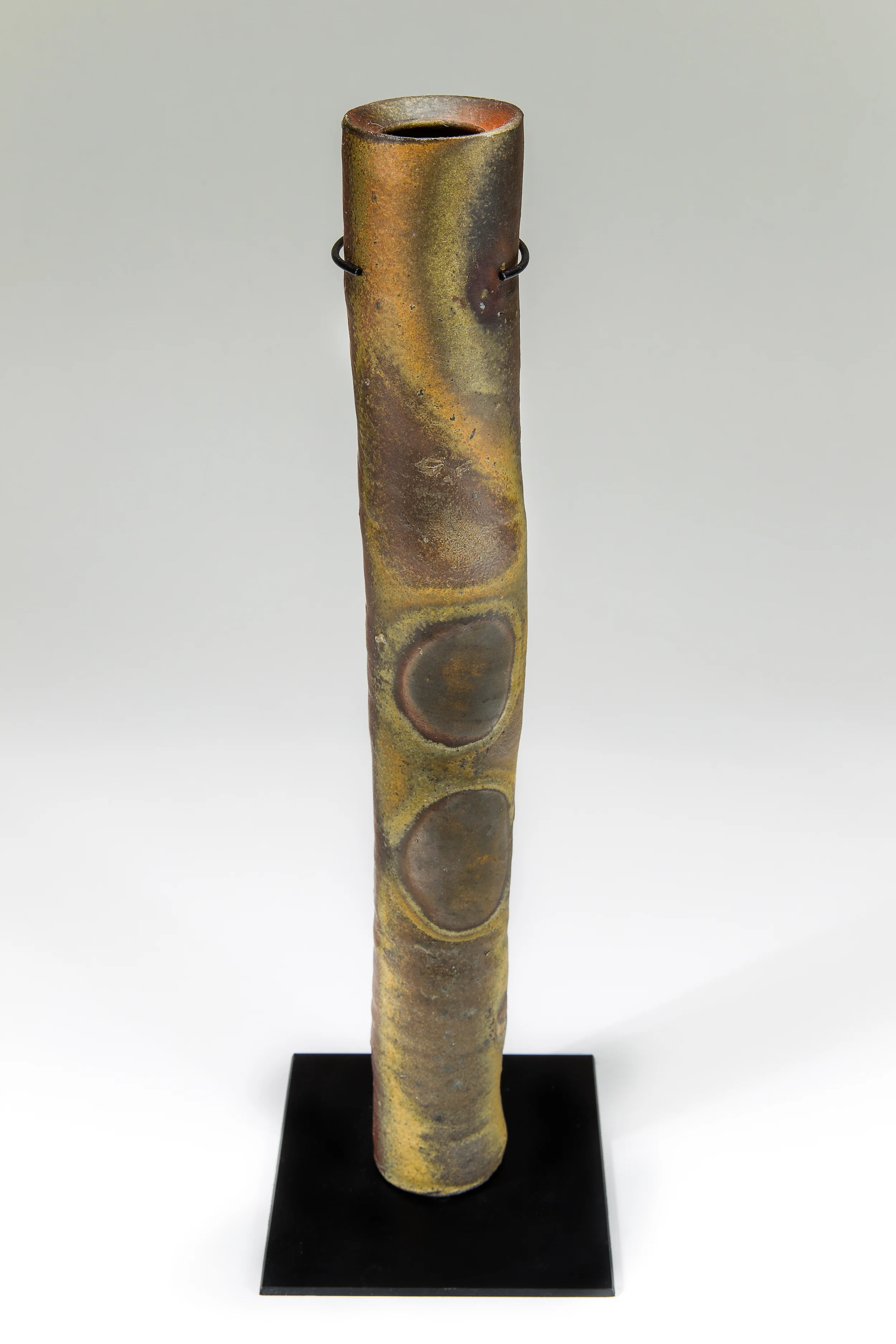  Cylindrical Vase with Metal Stand, Wood Fired Stoneware and Metal, 2012 