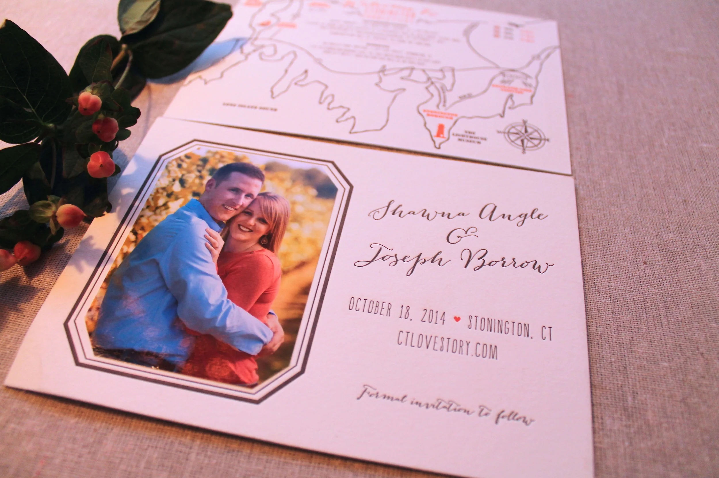 Two sided letterpress Save the Date with custom die cut photo mounted.